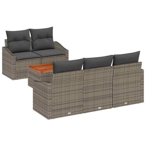Set Divano da Giardino 6 Pezzi con Cuscini Grigio Poli Rattan Acacia - Foto 1