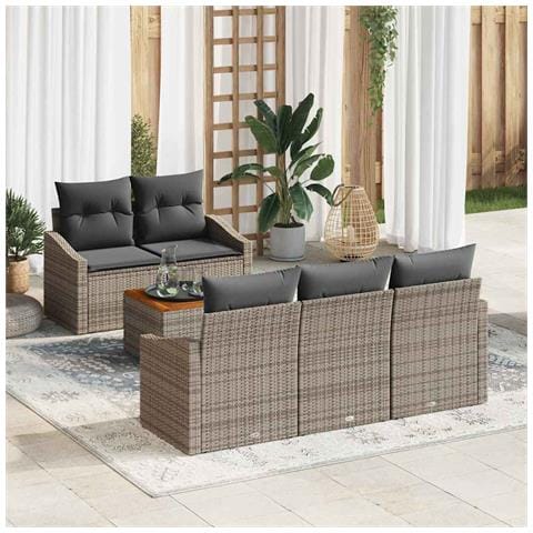 Set Divano da Giardino 6 Pezzi con Cuscini Grigio Poli Rattan Acacia - Foto 2