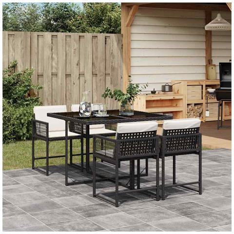 Set da Pranzo da Giardino 5 pz Nero con Cuscini in Polyrattan - Foto 2