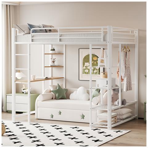 Letto Rialzato Letto Per Bambini 90x200cm, Letto Singolo Con Tavolo, Scala, Appendini Singoli E Vani Portaoggetti, Metallo, Bianco - Foto 2