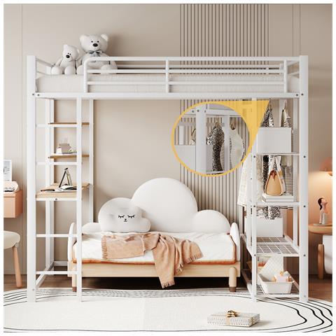 Letto Rialzato Letto Per Bambini 90x200cm, Letto Singolo Con Tavolo, Scala, Appendini Singoli E Vani Portaoggetti, Metallo, Bianco - Foto 1