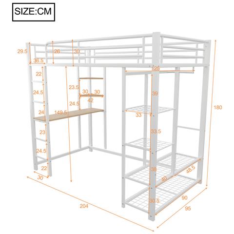 Letto Rialzato Letto Per Bambini 90x200cm, Letto Singolo Con Tavolo, Scala, Appendini Singoli E Vani Portaoggetti, Metallo, Bianco - Foto 4