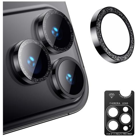 Protezione Obiettivo Fotocamera Con Glitter Compatibile Con Apple Iphone 17 Pro/17 Pro Max - Pellicola In Vetro Temperato Nero - Foto 1