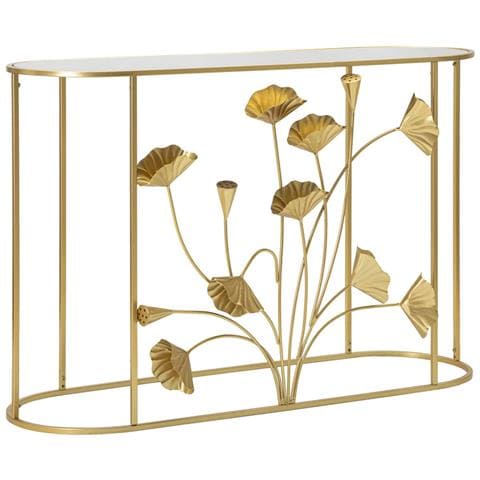 Console Flow Oro Con Top A Specchio E Decori Botanici In Ferro - Foto 1