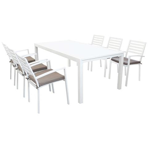 Set Tavolo Giardino Allungabile Rettangolare 200/300 X 100 Con 6 Poltrone In Alluminio Bianco Da Esterno - Foto 1