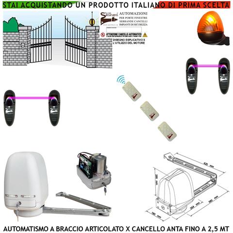 Automazione Cancello Kit Motore A Braccio Articolato 220/24 V Anta Battente Da 0,5 A 2,5 Mt Centrale 3 Radiocomandi Fa - Foto 1