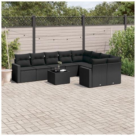 Set Divani da Giardino 10pz con Cuscini in Polyrattan Nero - Foto 2