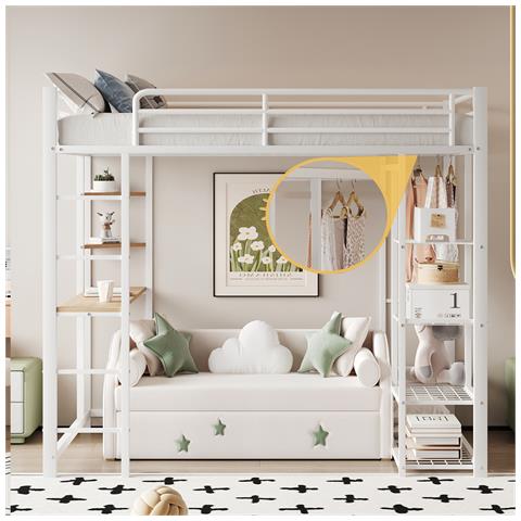 Letto Rialzato 140x200cm, Letto Per Bambini Con Tavolo, Scala, Appendini Singoli E Vani Portaoggetti, Metallo, Bianco - Foto 1