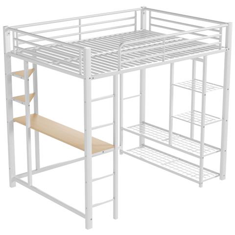 Letto Rialzato 140x200cm, Letto Per Bambini Con Tavolo, Scala, Appendini Singoli E Vani Portaoggetti, Metallo, Bianco - Foto 2