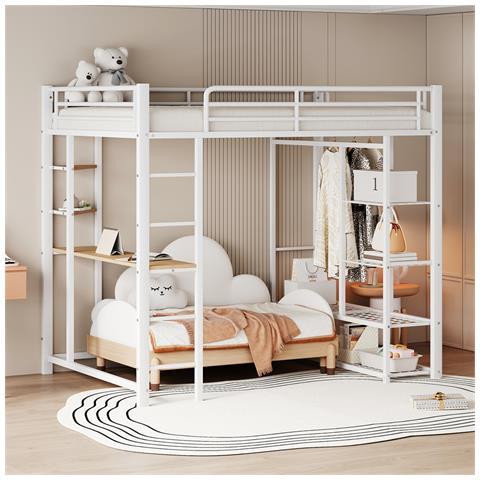 Letto Rialzato 140x200cm, Letto Per Bambini Con Tavolo, Scala, Appendini Singoli E Vani Portaoggetti, Metallo, Bianco - Foto 4