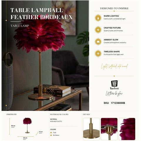 Lampada Da Tavolo Ball Feather Bordeaux Con Sfera Di Piume E Stelo Oro - Foto 7