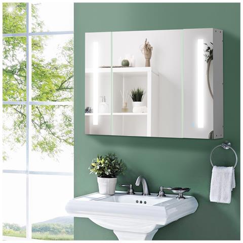 Armadietto Specchiera Da Bagno Con 3 Armadietti, 3 Ripiani E Luce Led, 90x15x65 Cm, Bianco - Foto 6