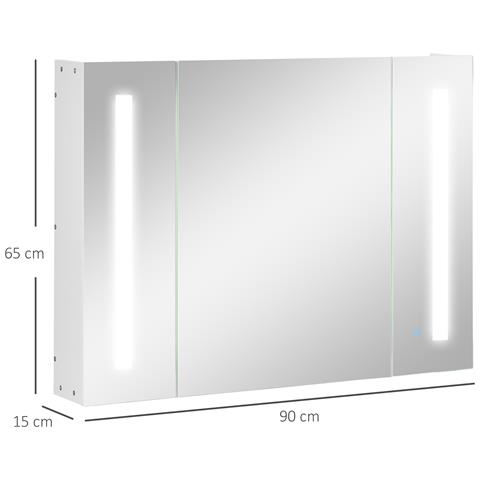 Armadietto Specchiera Da Bagno Con 3 Armadietti, 3 Ripiani E Luce Led, 90x15x65 Cm, Bianco - Foto 2