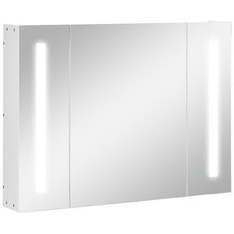 Armadietto Specchiera Da Bagno Con 3 Armadietti, 3 Ripiani E Luce Led, 90x15x65 Cm, Bianco - Foto 1