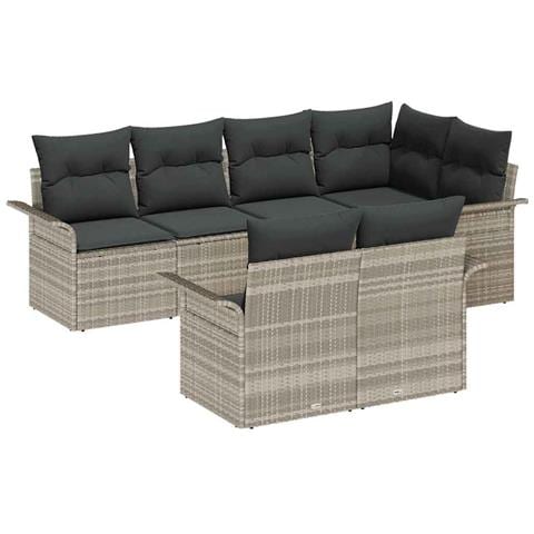 Set di divani da giardino  7 pezzi con cuscini grigio chiaro in polyrattan, Divano da giardino  2 posti con vano contenitore e cuscini grigio chiaro in polyrattan - Foto 1