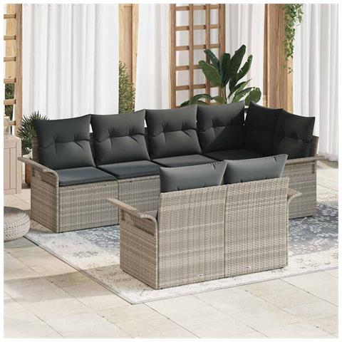 Set di divani da giardino  7 pezzi con cuscini grigio chiaro in polyrattan, Divano da giardino  2 posti con vano contenitore e cuscini grigio chiaro in polyrattan - Foto 2