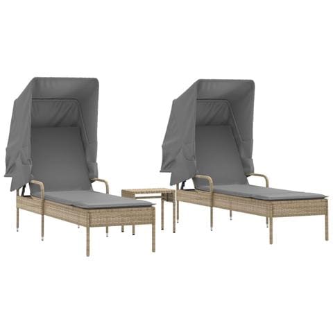 Lettini Prendisole 2 pz con Baldacchino e Tavolino Polyrattan - Foto 1