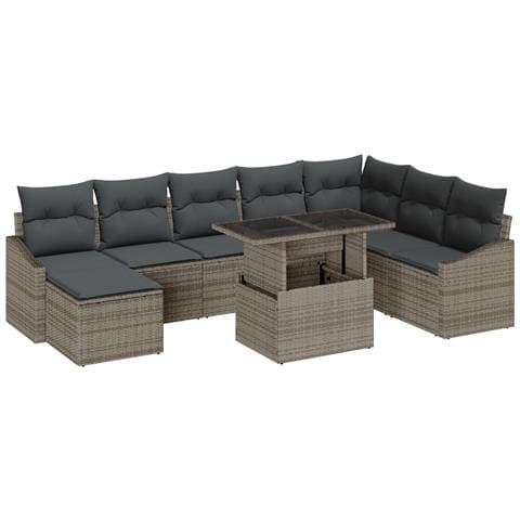 Set di Divano da Giardino a 9 Pezzi con Cuscini Grigio Polyrattan - Foto 1