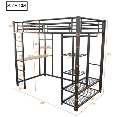 Letto Rialzato Letto Per Bambini 90x200cm, Letto Singolo Con Tavolo, Scala, Appendini Singoli E Vani Portaoggetti, Metallo, Nero - Foto 2
