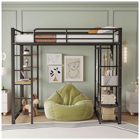 Letto Rialzato Letto Per Bambini 90x200cm, Letto Singolo Con Tavolo, Scala, Appendini Singoli E Vani Portaoggetti, Metallo, Nero - Foto 1