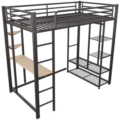 Letto Rialzato Letto Per Bambini 90x200cm, Letto Singolo Con Tavolo, Scala, Appendini Singoli E Vani Portaoggetti, Metallo, Nero - Foto 4