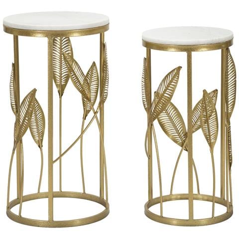 Set 2 Tavolini Leaf In Ferro Dorato E Piano Bianco Ø35x65,5 E Ø30x60,5 Cm - Foto 1