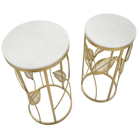 Set 2 Tavolini Leaf In Ferro Dorato E Piano Bianco Ø35x65,5 E Ø30x60,5 Cm - Foto 2