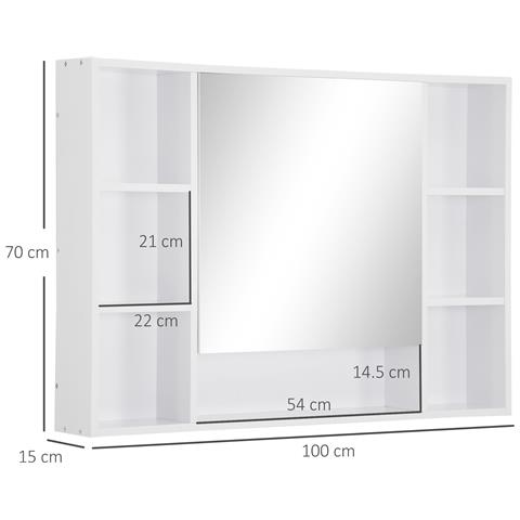 Specchiera Bagno Con Mensole Aperte E Armadietto Con Anta Specchiata, Mobiletto Bagno Salvaspazio Bianco, 100x15x70cm - Foto 2