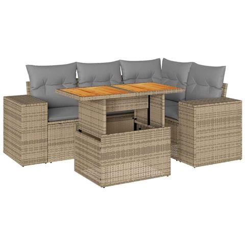 Set Divano Da Giardino 5 Pz Con Cuscini Beige In Polyrattan - Foto 1