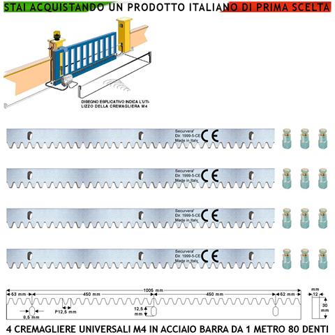 Cremagliera In Acciaio Zincato M4 Universale Quattro Moduli Da 1 Metro Con 80 Denti 12x30 Mm Portata 22 Q.li Max 30 Q. - Foto 1