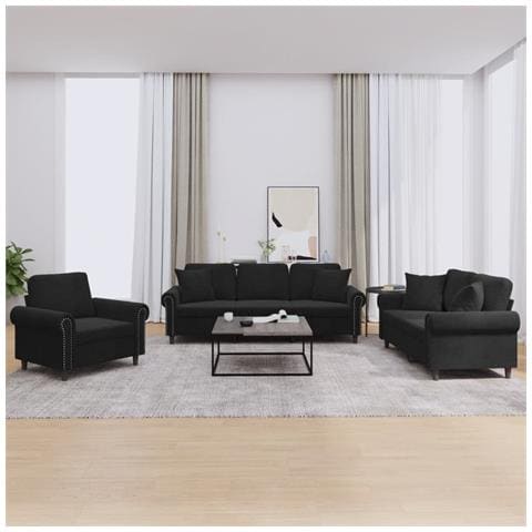 Set di Divani 3 pz con Cuscini Nero in Velluto - Foto 2
