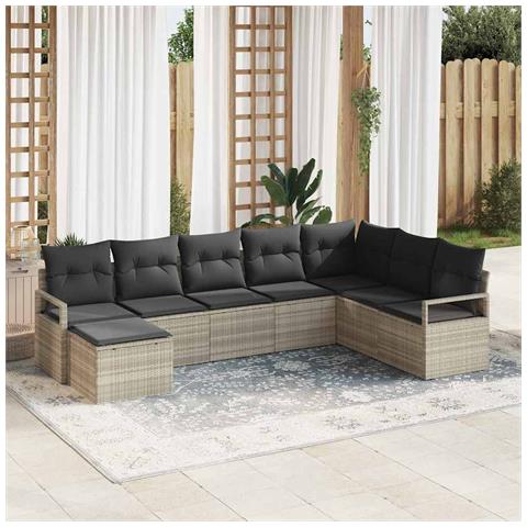 Set di divani da giardino  7 pezzi con cuscini Grigio chiaro Polyrattan, Divano da giardino  2 posti con cuscini Grigio Polyrattan - Foto 2