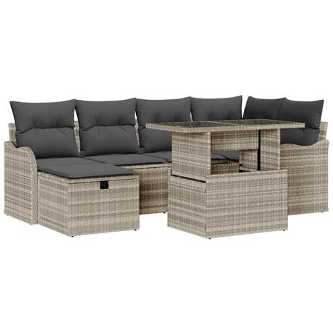 Set di divani da giardino da 7 pezzi con cuscini grigio chiaro in rattan sintetico,  Divano da giardino per 2 persone con spazio di stoccaggio e cuscini grigio chiaro in rattan sintetico - Foto 1