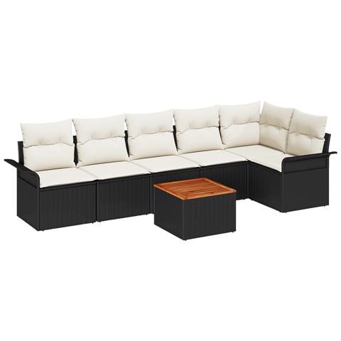 Set di Sofà da Giardino a 7 Pezzi con Cuscini Nero Polyrattan Acacia - Foto 1