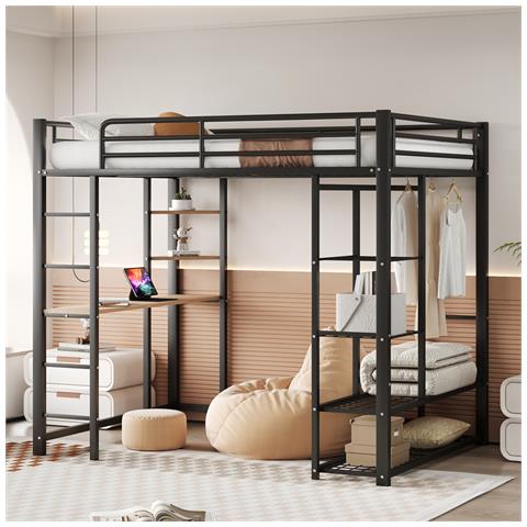 Letto Rialzato 140x200cm, Letto Per Bambini Con Tavolo, Scala, Appendini Singoli E Vani Portaoggetti, Metallo, Nero - Foto 2