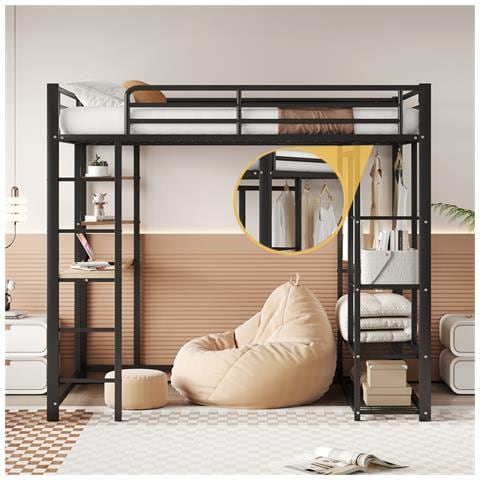 Letto Rialzato 140x200cm, Letto Per Bambini Con Tavolo, Scala, Appendini Singoli E Vani Portaoggetti, Metallo, Nero - Foto 1