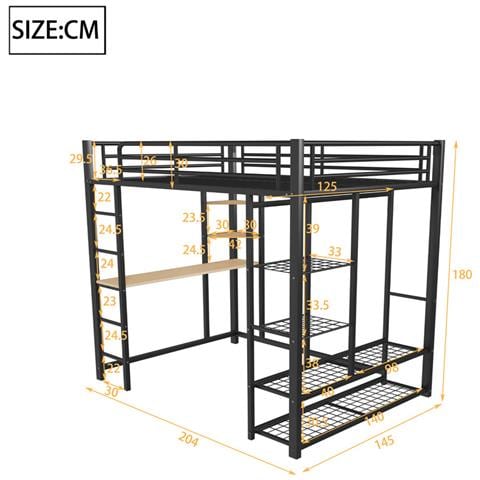 Letto Rialzato 140x200cm, Letto Per Bambini Con Tavolo, Scala, Appendini Singoli E Vani Portaoggetti, Metallo, Nero - Foto 4