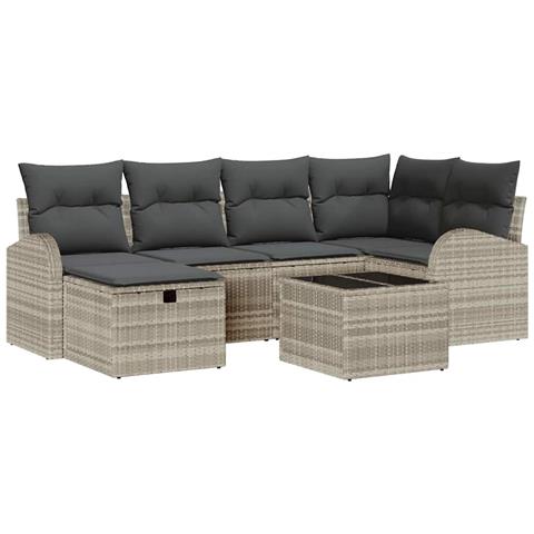 Set di divani da giardino  7 pezzi con cuscini Grigio chiaro Polyrattan, Divano da giardino  2 posti con stoccaggio e cuscini Grigio chiaro Polyrattan - Foto 1