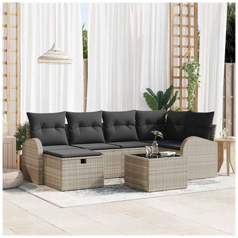 Set di divani da giardino  7 pezzi con cuscini Grigio chiaro Polyrattan, Divano da giardino  2 posti con stoccaggio e cuscini Grigio chiaro Polyrattan - Foto 2