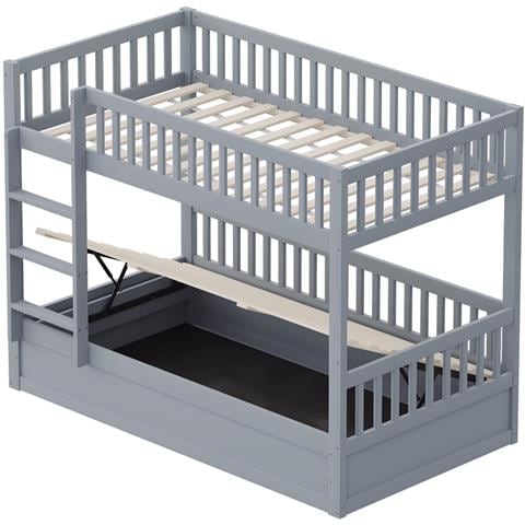 Letto A Castello 90x200cm, Con Sistema Di Archiviazione Idraulico In Legno Massiccio, Lettino, Pino, Grigio - Foto 2