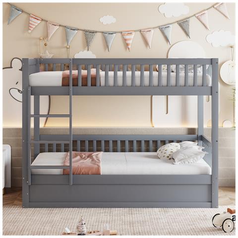 Letto A Castello 90x200cm, Con Sistema Di Archiviazione Idraulico In Legno Massiccio, Lettino, Pino, Grigio - Foto 1