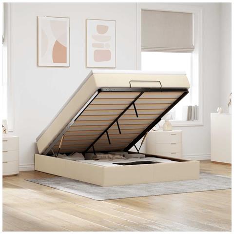 Struttura Letto Pouf con Materasso Crema 140x190 cm in Tessuto - Foto 2