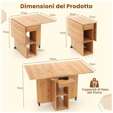 Tavolo Da Pranzo Pieghevole Salvaspazio Legno 2 Ruote Casa Ufficio 120x77x75cm - Foto 4