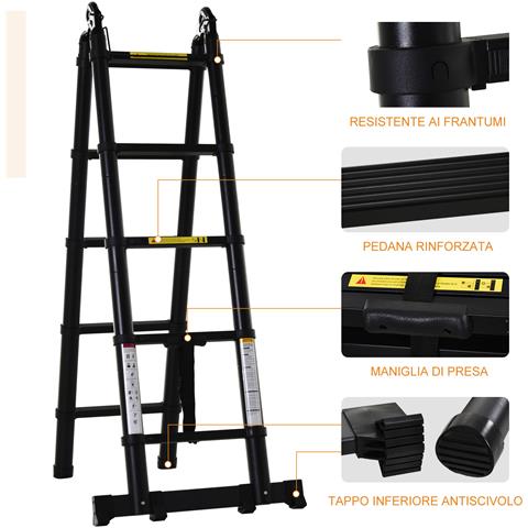 Scala Telescopica Pieghevole da 10 Gradini in Alluminio e Metallo per Interni ed Esterni, 320x67x7 cm, Nero - Foto 2