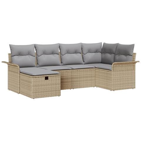 Set Divano da Giardino  6 Pezzi con Cuscini Beige Polyrattan, Divano Giardino a 2 Posti  con Spazio di Archiviazione & Cuscini Beige Polyrattan - Foto 1