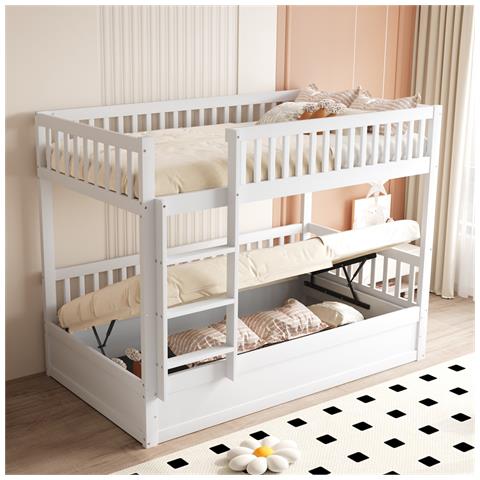 Letto A Castello 90x200cm, Con Sistema Di Archiviazione Idraulico In Legno Massiccio, Lettino, Pino, Bianco - Foto 2