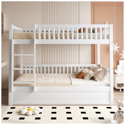 Letto A Castello 90x200cm, Con Sistema Di Archiviazione Idraulico In Legno Massiccio, Lettino, Pino, Bianco - Foto 1