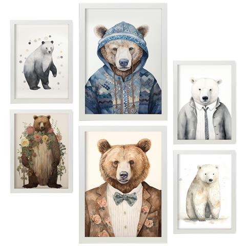 Set Di 6 Stampe Abiti Da Orso All'asilo: Dipinti Decorativi Estetici Per Il Tuo Soggiorno, Camera Da Letto E Casa A3 & A4 Cornice Bianca - Foto 1