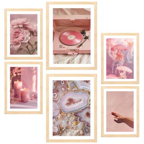 Set Di 6 Stampe Arte Decorativa, Foglio Incorniciato Rosa Con Illustrazione Di Design Per La Decorazione Della Parete Dell'ufficio Domestico A3 & A4 Telaio In Legno Chiaro - Foto 1