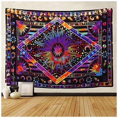 Sole Cocente Arazzo Psychedelic Celeste Sole Luna Pianeta Tie Dye Bohemian Wall Hanging Boho Hippie Arte Tappezzeria Decorazioni Per La Casa Per Soggiorno Camera Da Letto Dorm Viola 591 X 787 - Foto 1